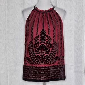 Max Studio Muted Christmas Red & Black Velvet Flowy Tank Style Dressy Blouse